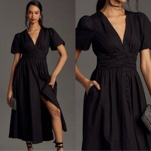 Anthropologie Sz L Katerina Button-Front Black
Puff Sleeve Midi Dress Whimsigoth